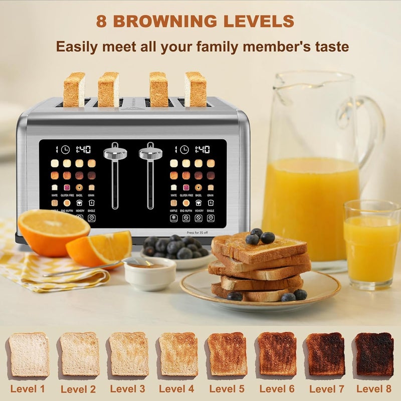 Clixane 4 Slice Toaster Touch Screen, Stainless Steel Toasters Digital Timer, Dual Control Panel Toasters, 8 Shade Settings 6 Bread Types for Bagel, Cancel, Defrost 1650W - Image 4